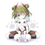  cat green_hair indian_style kazami_haruki letter light_smile mouth_hold original paw_print short_hair sitting smile solo twintails wink 