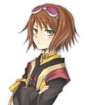  blush brown_hair bust crossed_arms frown goggles goggles_on_head green_eyes kawamura_raichi lowres rita_mordio short_hair solo tales_of_(series) tales_of_vesperia white_background 