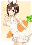  animal_ears bad_hands blush brown_eyes brown_hair bunny_ears carrot idolmaster idolmaster_2 kikuchi_makoto kisugi_akira looking_at_viewer looking_back new_year pointing short_hair sweatdrop translated 