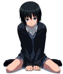  1girl amagami bad_id black_hair black_kneehighs black_legwear blue_eyes bob_cut cardigan kneehighs nanasaki_ai no_shoes school_uniform short_hair sitting skirt smile solo sweater_vest tasiros upturned_eyes v_arms wariza 