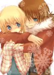  1girl blonde_hair blue_eyes blush brown_hair claire_(harvest_moon) cliff_(harvest_moon) couple harvest_moon hug hug_from_behind jacket long_hair long_sleeves overalls ponytail ruirui69 smile snowflake 