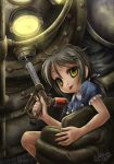  1girl :p armor big_daddy bioshock carrying diving_suit dress examheart glowing helmet large_syringe little_sister oversized_object short_hair smile syringe tongue yellow_eyes 