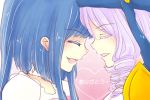  2girls blue_hair closed_eyes dlanor_a_knox drill_hair fang forehead-to-forehead furudo_erika hat heart kurahika multiple_girls profile purple_hair smile translated umineko_no_naku_koro_ni 