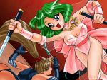  2girls 90s battle battle_arena_toshinden blue_eyes bow breasts brown_hair choker dagger dated dominatrix ellis_(battle_arena_toshinden) fingernails gloves green_hair happy jewelry leotard long_hair mizuki_hitoshi multiple_girls necklace open_mouth ponytail red_background ribbon see-through short_hair sofia sofia_(battle_arena_toshinden) weapon whip wrist_cuffs 