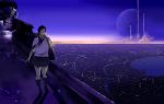  black_hair cityscape highres lake moon river scenery school_uniform serafuku shiira short_hair sky solo star 