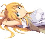  arms_behind_head blonde_hair breasts casual chihaya_72 face green_eyes hoshii_miki idolmaster idolmaster_2 long_hair lying on_back simple_background smile t-shirt 