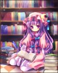  bad_id book bookshelf crescent hat kosuzume long_hair patchouli_knowledge purple_eyes purple_hair sitting solo touhou wariza 