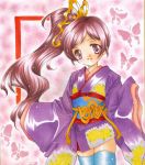  heartcatch_precure! japanese_clothes kimono long_hair marker_(medium) pastel_(medium) ponytail precure purple_eyes purple_hair satsuki_(gogotaru) shikishi thigh-highs thighhighs traditional_media violet_eyes watercolor_pencil_(medium) 