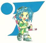  90s angry badge battle_arena_toshinden belt blue_eyes blue_hair boots earrings gloves hat jewelry kneeling open_mouth short_hair shorts solo tonfa tracy_(battle_arena_toshinden) weapon 
