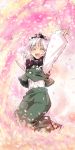  :d \o/ absurdres arms_up cherry_blossoms closed_eyes eyes_closed hairband happy highres kneeling konpaku_youmu kuroneko1911a1 nanaroku_(fortress76) open_mouth outstretched_arms petals short_hair silver_hair smile solo touhou vest white_hair 