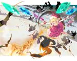  1ten ascot bad_id bat blonde_hair fang flandre_scarlet highres outstretched_arms outstretched_hand ponytail red_eyes short_hair side_ponytail smile solo the_embodiment_of_scarlet_devil touhou wings 