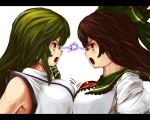  bow breast_press breasts brown_hair confrontation detached_sleeves eye_contact frog green_eyes green_hair hair_bow hair_ornament homeless_mk_ii kochiya_sanae large_breasts letterboxed long_hair looking_at_another multiple_girls red_eyes reiuji_utsuho symmetrical_docking third_eye touhou 