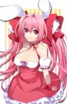  bad_id bare_shoulders breasts bunny_ears character_request cleavage di_gi_charat dice gradient gradient_background hattori_(junoct2000) hattori_(pixiv) heart highres large_breasts long_hair petticoat pink_eyes pink_hair rabi_en_rose ribbon_choker smile solo striped striped_background twintails usada_hikaru very_long_hair wrist_ribbon 