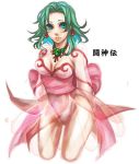  90s battle_arena_toshinden bow breasts earrings ellis_(battle_arena_toshinden) green_eyes green_hair jewelry kneeling leotard necklace ribbon see-through short_hair skirt solo 