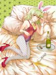  animal_ears ascot bed bottle bunny_ears bunny_tail bunnysuit champagne corkscrew fishnet_pantyhose fishnets goblet green_hair high_heels highres kazami_yuuka kenshin lying on_side pantyhose plaid plaid_vest red_eyes shoes short_hair solo spill tail touhou unmoving_pattern vest wine youkai 