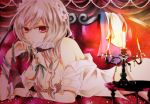  antiqua_c bare_shoulders bottomless bra braid breasts candle cleavage hair_ribbon izayoi_sakuya jewelry lingerie long_hair lying maid_headdress necklace no_panties off_shoulder on_stomach red_eyes ribbon silver_hair solo the_embodiment_of_scarlet_devil touhou underwear undone 