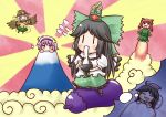  :3 aonagi_ibane black_wings chibi costume dreaming drooling eating eggplant flying food heart heart_of_string highres kaenbyou_rin komeiji_koishi komeiji_satori macedonian_flag mochi new_year reiuji_utsuho rocket sleeping touhou wagashi what wings 