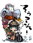  +_+ :&lt; black_hair chibi coat cup dog drinking goggles goggles_on_head green_eyes hermes kino kino_no_tabi luggage motor_vehicle motorcycle mug short_hair translated usoneko vehicle 