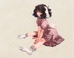  animal_ears black_hair bunny_ears bunny_tail carrot dress face feet footwear hands inaba_tewi jewelry pendant purple_hair red_eyes short_hair sitting smile socks solo striped striped_background tail touhou white_legwear white_socks wtuw 