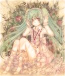  apple aqua_hair bad_id cross-laced_footwear digital_media_player dress food fruit hands_on_headphones hatsune_miku headphones heart lace-up_heels long_hair nozomi_fuuten solo twintails vocaloid 