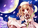  bad_id blonde_hair douji dress dress_lift drill_hair flower full_moon hat looking_at_viewer luna_child moon open_mouth petals red_eyes rose short_hair smile solo touhou white_rose wings 