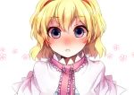  74_(teduka) alice_margatroid blonde_hair blue_eyes blush capelet face hairband highres looking_at_viewer open_mouth portrait short_hair solo surprised touhou wide-eyed wide_eyed 