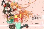  2girls animal_ears beatmania brown_hair bunny_ears character_request earmuffs flower garter_belt hair_flower hair_ornament hair_ribbon highres hinazuki_ririna iroha_(beatmania_iidx) lilith_(beatmania_iidx) long_hair multiple_girls new_year orange_eyes orange_hair platform_footwear platform_shoes red_eyes ribbon skirt sodapop_(iemaki) thigh-highs thighhighs umegiri_iroha 