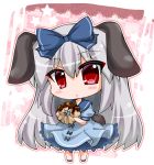  1girl :&lt; animal_ears blue_dress bow bunny_tail chibi doughnut dress hair_bow hair_ribbon holding long_hair looking_at_viewer noai_nioshi original rabbit_ears red_eyes ribbon silver_hair solo tail 