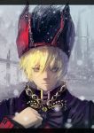  blonde_hair bow green_eyes hand hat headdress jewelry kagamine_len kagamine_rin looking_at_viewer male pope snow solo urami vocaloid 
