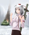  bazooka detached_sleeves hat impossible_clothes impossible_clothing impossible_shirt inubashiri_momiji kcme military military_vehicle panzerschreck red_eyes rocket_launcher russian shirt short_hair silver_hair smoke t-34 tank thumbs_up tokin_hat touhou translated vehicle weapon world_war_ii wwii 