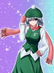  absurdres beanie blue_eyes gloves hand_on_hip hat highres konpaku_youmu light_smile mittens scarf shimamura_youmu short_hair silver_hair solo taiga_(natsu_hotaru) touhou vest wink 