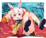  2011 animal_ears bunny_ears bunny_tail clog_sandals convenient_leg egasumi japanese_clothes kimono legs_up lying new_year on_back open_mouth original p-nut red_eyes smile solo tail white_hair 