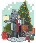  animal armor blonde_hair christmas christmas_tree cloak closed_eyes coat edward_elric envy_(fma) eyes_closed faux_figurine fullmetal_alchemist gift highres holding holding_gift hood mukuo open_mouth panda smile star xiao-mei 