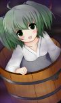  ahoge bakko blush bucket from_above girl_in_bucket green_eyes green_hair hair_bobbles hair_ornament in_bucket in_container japanese_clothes kisume open_mouth short_hair smile solo touhou twintails 