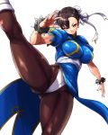  bracelet breasts brown_hair bun_cover china_dress chinese_clothes chun-li double_bun earrings jewelry kicking large_breasts legs long_legs nekomamire pantyhose ribbon simple_background solo spiked_bracelet spikes street_fighter thick_thighs thighs yellow_eyes 