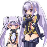  baby_razz breasts busou_shinki dd_(artist) doll_joints flat_chest mecha_musume multiple_girls purple_eyes purple_hair sharatang thighhighs twintails violet_eyes 
