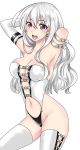  1girl amputee blush breasts elbow_gloves gloves long_hair looking_at_viewer navel open_mouth silver_hair smile solo thigh-highs violet_eyes 