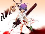 al_bhed_eyes bandage bandages barefoot biohazard_symbol blood chainsaw chima_q collar eyepatch green_eyes hair_ornament highres intravenous_drip monster_girl night_of_the_living_dead original purple_hair ringed_eyes short_hair solo zombie 