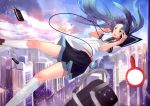  aqua_hair bag cityscape digital_media_player falling green_eyes hand_mirror hands_on_headphones hatsune_miku headphones ichiko_oharu kneehighs long_hair mirror school_uniform serafuku skirt sky solo vocaloid 