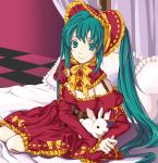 alternate_costume aqua_eyes bed bunny dress green_hair hatsune_miku highres pillow rabbit sitting tsukihaku vocaloid 