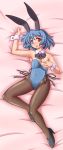  :p animal_ears bare_shoulders blue_eyes blue_hair breasts bunny_ears bunny_girl bunnysuit covering covering_breasts fishnet_pantyhose fishnets heterochromia high_heels highres kaname1202 karakasa_obake lying on_back pantyhose red_eyes ribbon shoes short_hair solo tatara_kogasa tongue touhou umbrella wrist_cuffs 