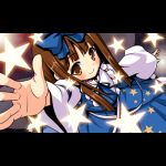  blush brown_eyes brown_hair foreshortening long_hair lowres outstretched_arm outstretched_hand reaching smile solo star star_sapphire touhou yamasan 