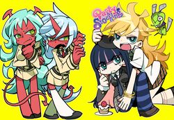  ayase08 chuck chuck_(psg) demon_girl eating fang food glasses horns kneesocks_(character) kneesocks_(psg) long_hair official_style open_mouth panty_&amp;_stocking_with_garterbelt panty_(character) panty_(psg) pun2 red_skin scanty scanty_(psg) school_uniform simple_background stocking_(character) stocking_(psg) striped striped_legwear tail thighhighs 