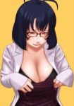  antenna_hair black_hair bra breasts cleavage dress glasses kamisuki labcoat large_breasts lingerie open_clothes open_shirt original shirt solo strap underwear yellow_eyes 