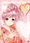  bad_id hadaarennjared hair_ornament heart japanese_clothes kimono new_year original pink_hair red_eyes smile solo 