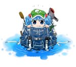  1girl backpack bag blue_eyes blue_hair byourou cattail cucumber grin hair_bobbles hair_ornament hat hiding in_bag in_container kawashiro_nitori laser_rifle looking_at_viewer plant smile solo touhou twintails water wrench 