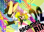  blonde_hair bow colorful detached_sleeves floating hairclip jagged_teeth kagamine_rin leg_warmers navel short_shorts smile vocaloid 