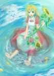  apron aqua_background bad_feet barefoot blonde_hair dress flower green_eyes lilith_aileron saintpaulia sunflower tales_of_(series) tales_of_destiny water wet 