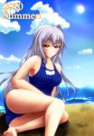  barefoot blush breasts feet frey large_breasts lyrical_nanoha mahou_shoujo_lyrical_nanoha mahou_shoujo_lyrical_nanoha_a&#039;s mahou_shoujo_lyrical_nanoha_a's one-piece_swimsuit red_eyes reinforce school_swimsuit silver_hair smile swimsuit 