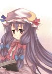  book bow bust crescent face hair_bow hat highres long_hair patchouli_knowledge purple_eyes purple_hair solo touhou verjuice violet_eyes 